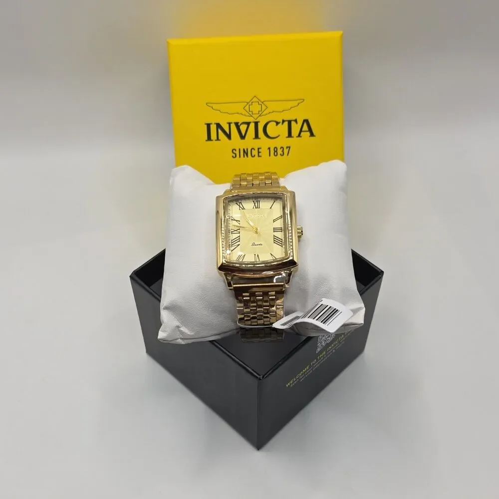 Invicta Men's Quartz Gold Tone Rectangle Watch, Roman Numerals, 32mm